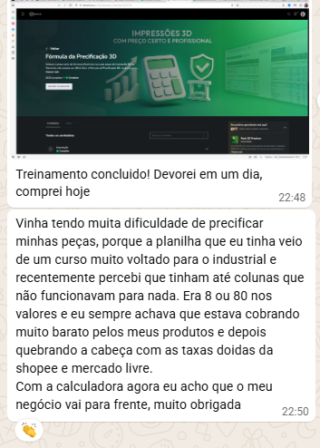 Depoimento de aluna sobre dificuldade em precificar