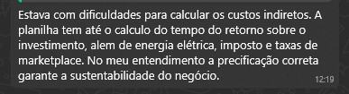 Depoimento de aluno sobre custos indiretos