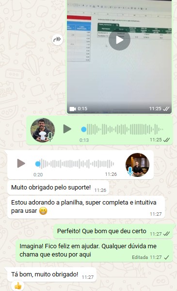 Depoimento de aluno sobre suporte e planilha intuitiva