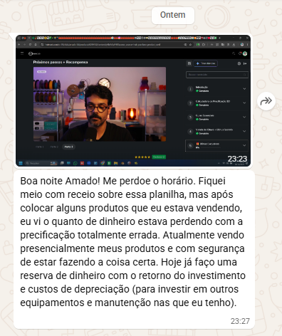 Depoimento de aluno sobre receio e segurança na precificação