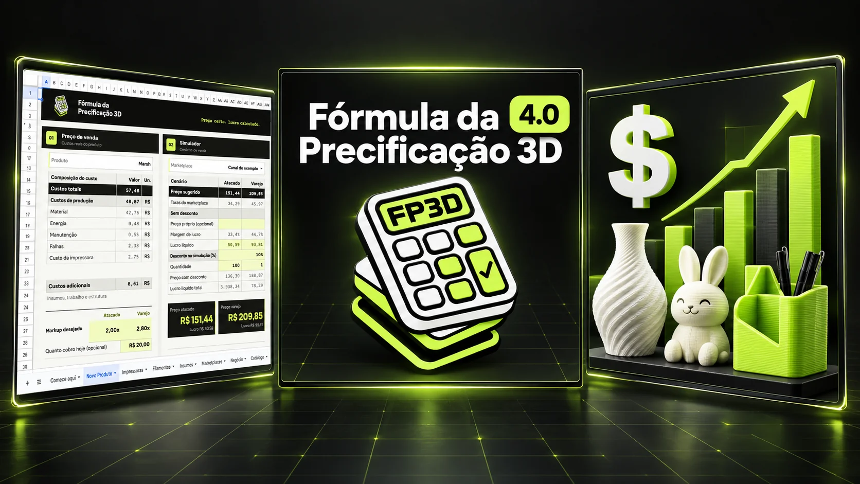 Fórmula da Precificação 3D 4.0: planilha à esquerda, marca ao centro e produtos impressos em 3D com gráfico de crescimento à direita