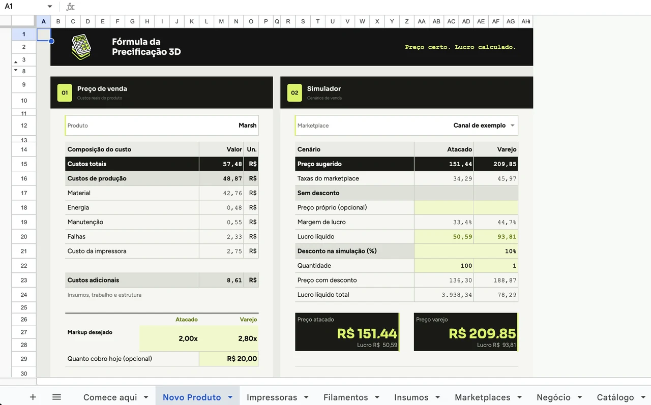 Tela da Fórmula da Precificação 3D 4.0: composição dos custos, simulador e preços de atacado e varejo